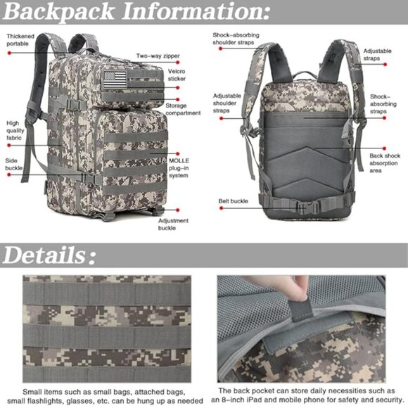 45L Tactical Backpack Camo Beige Waterproof Multi Compartment for Hiking Camping - Picture 7 of 8